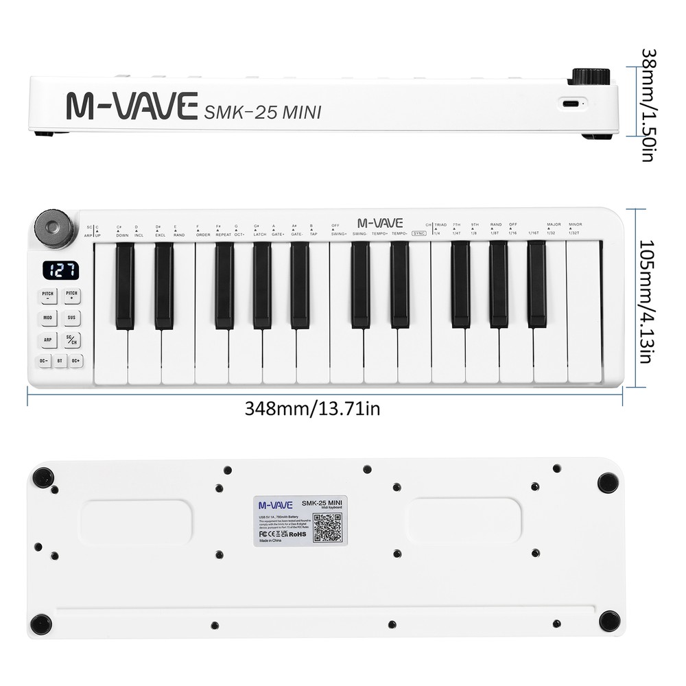 M-VAVE SMK-25 MIDI Keyboard Rechargeable USB MIDI Keyboard Controller H4T5