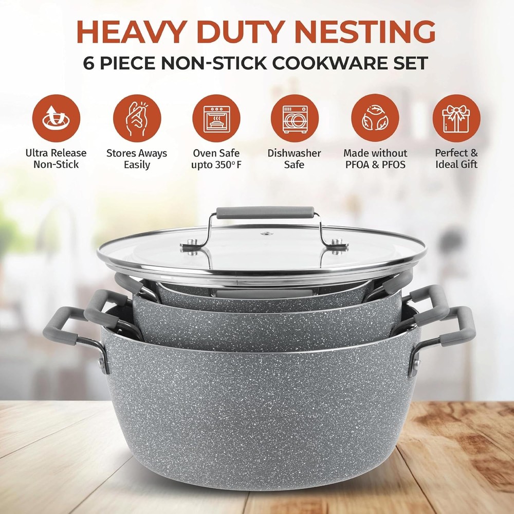Granitestone Gray Pots and Pans Set Nonstick, 6 Stackable Piece Cooking Pots Set