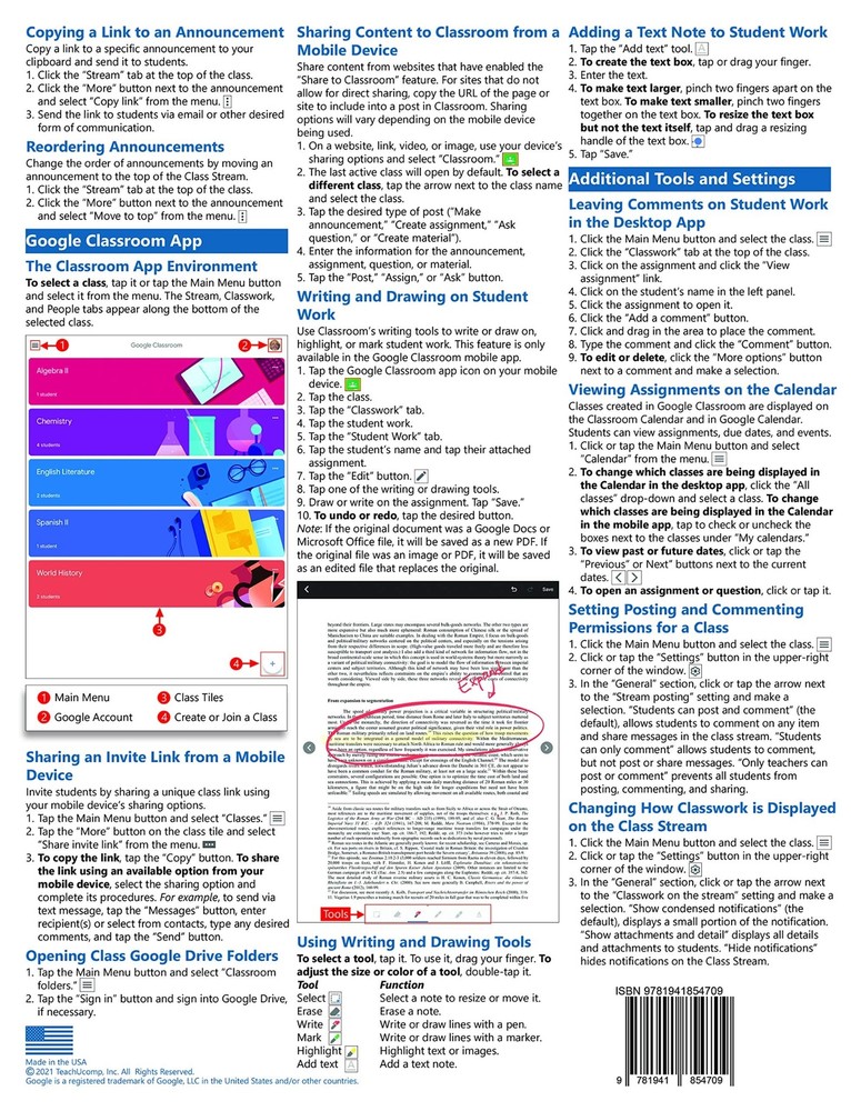 Google Classroom Teachers Training Guide Quick Reference Card 4 Page Cheat Sheet