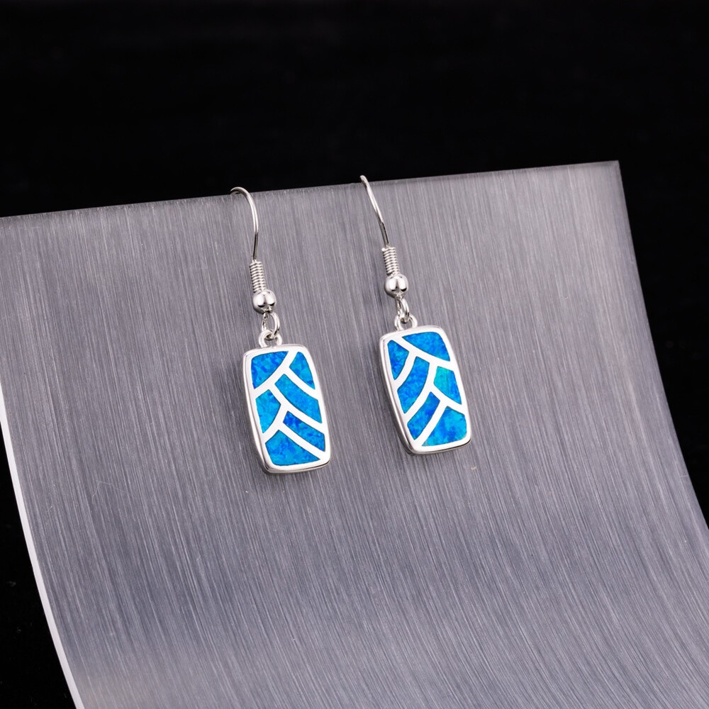 Rectangle Shape Ocean Blue Fire Opal Silver Jewelry Dangle Drop Earrings