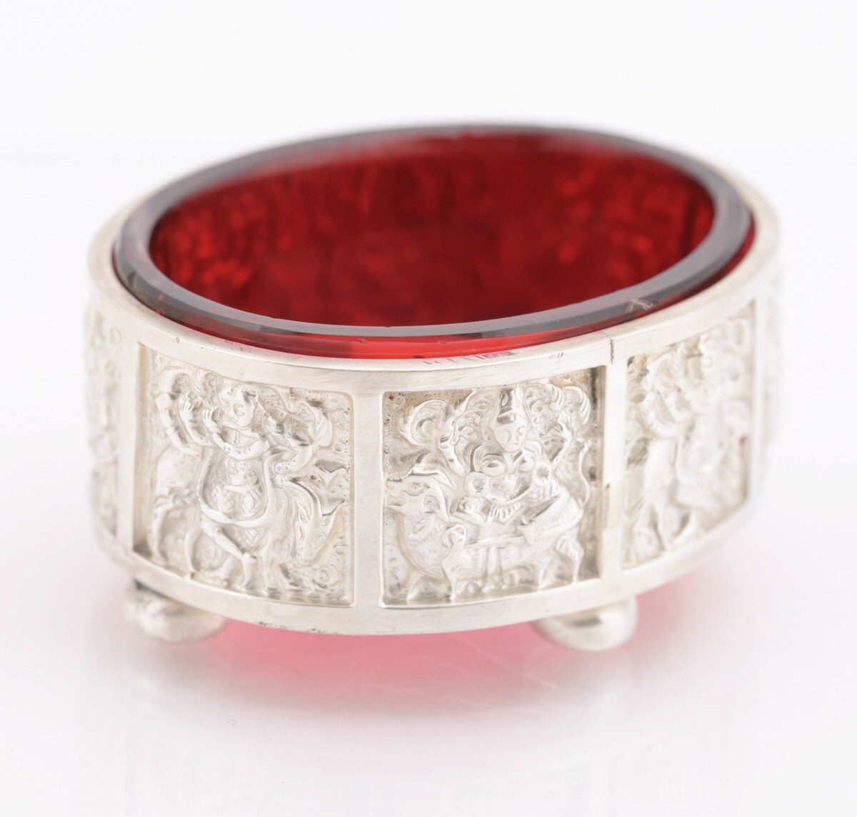 Pair Antique Victorian Sterling Silver & Cranberry Glass Salts Hallmarked 1888