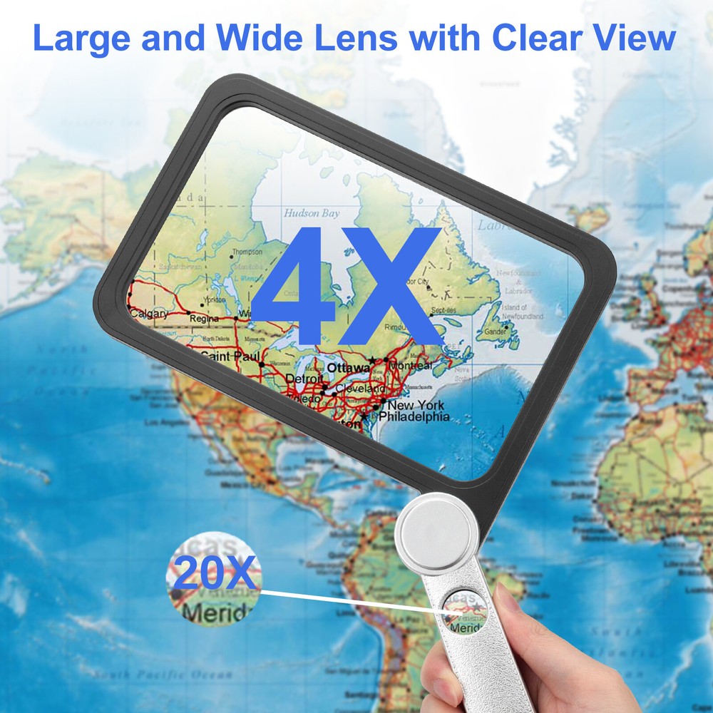 Folding Handheld Magnifying Glass 4X 20X Full Page Rectangular Reading Magnifier