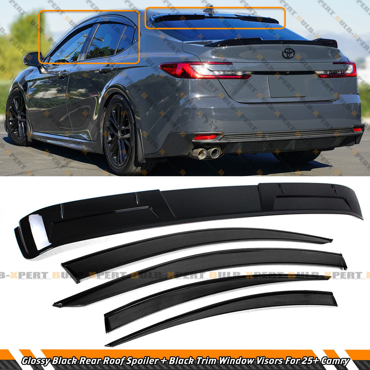 For 2025 Toyota Camry Black Trim Door Window Visor + Rear Roof Spoiler Deflector
