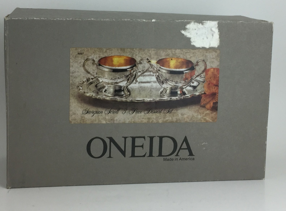 Oneida Silverplate Creamer Sugar Tray Georgian Scroll 3 Piece Set 1992