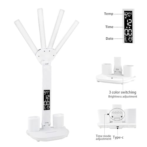 Led Desk Lamp with Clock Foldable Study Lamp 3 Lighting Modes Table with clock
