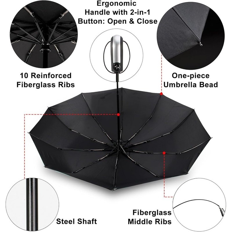 Windproof Automatic Compact Travel Umbrella Large Canopy Ergonomic Handle New