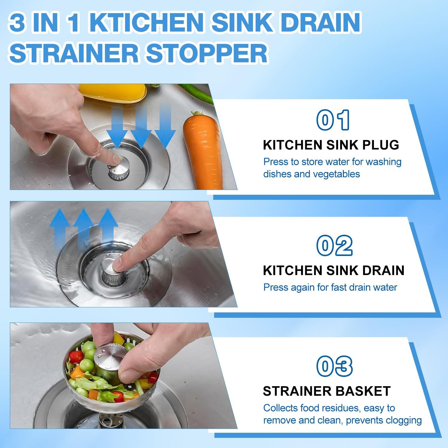 Upgraded 3 in 1 Kitchen Sink Drain Strainer Stopper,Stainless Steel Wrap Around