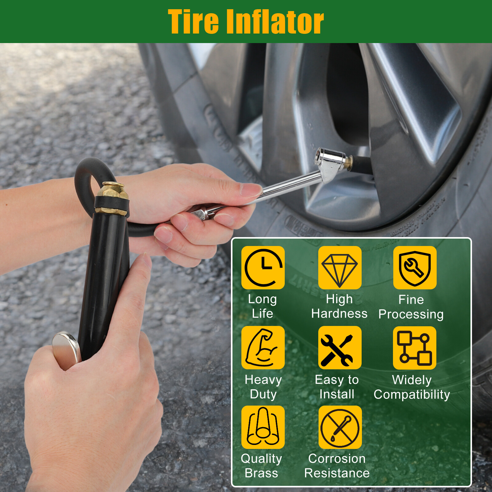Air Tire Inflator With Pressure Gauge Dual Head Chuck 12" Compressor Rubber Hose