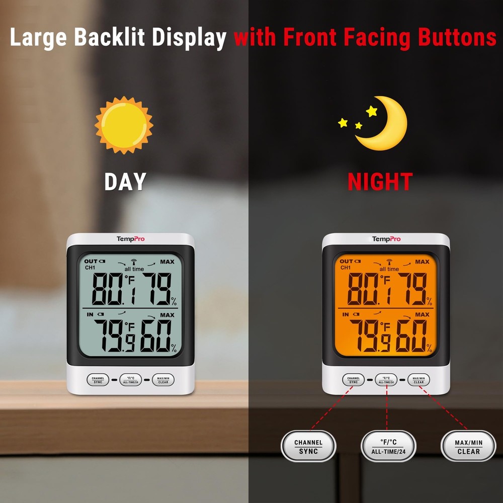 Wireless Outdoor Thermometer 500 ft Range - Waterproof Cold-Resistant Sensor