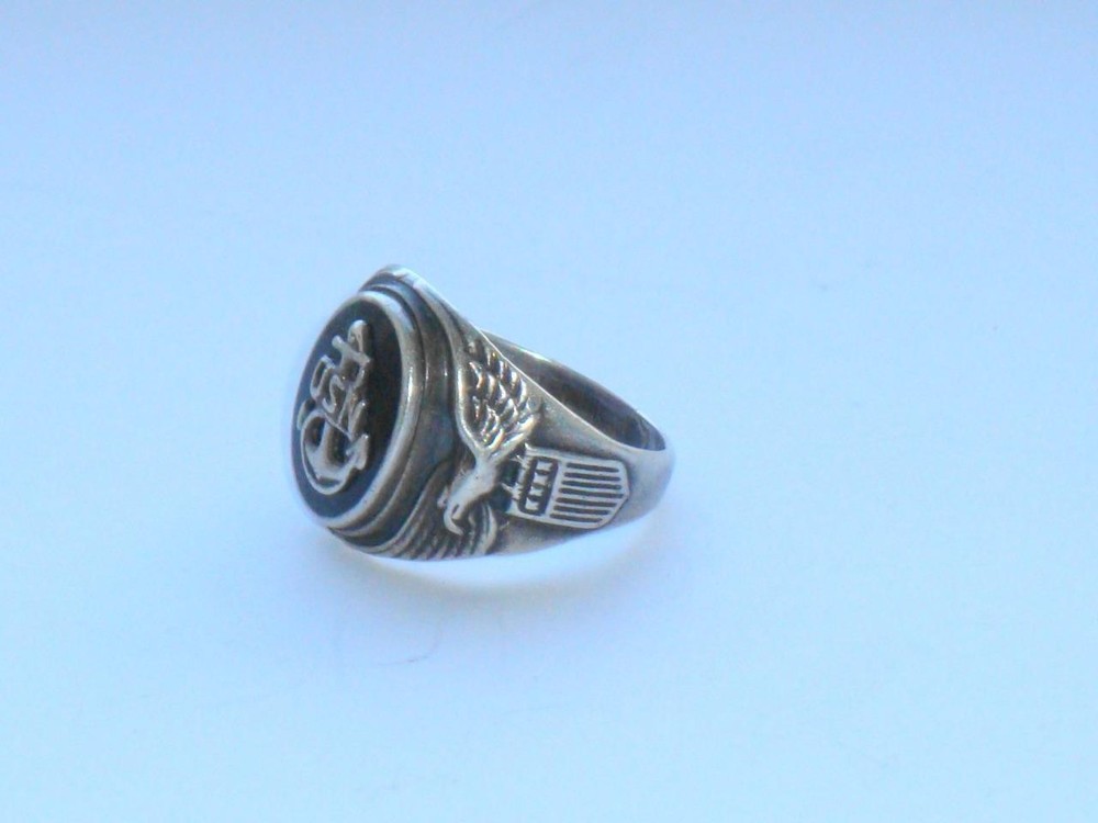 SUPERB ANTIQUE VINTAGE USA UNITED STATES NAVY WWII SILVER & BLACK ENAMEL RING