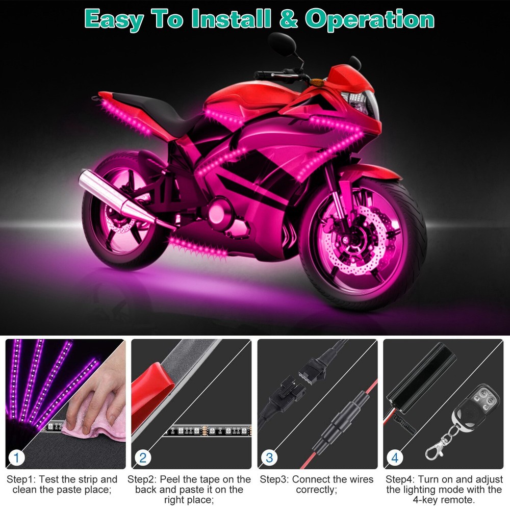 6Pcs RGB LED Light Strips Kit For Motorcycle Car Multi-Color Remote Controller
