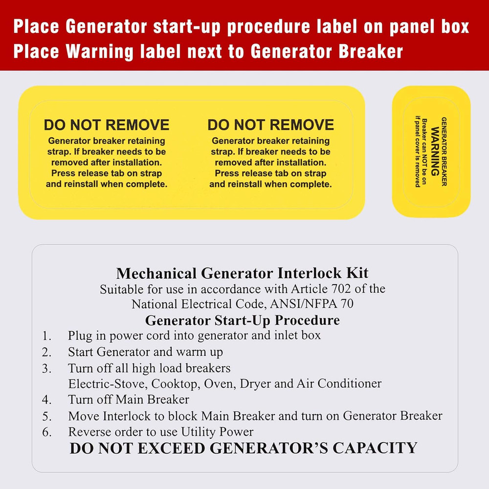 Generator Interlock Kit for Square D 150/200 Amp Breakers, 3.25-4 Inch Spacing