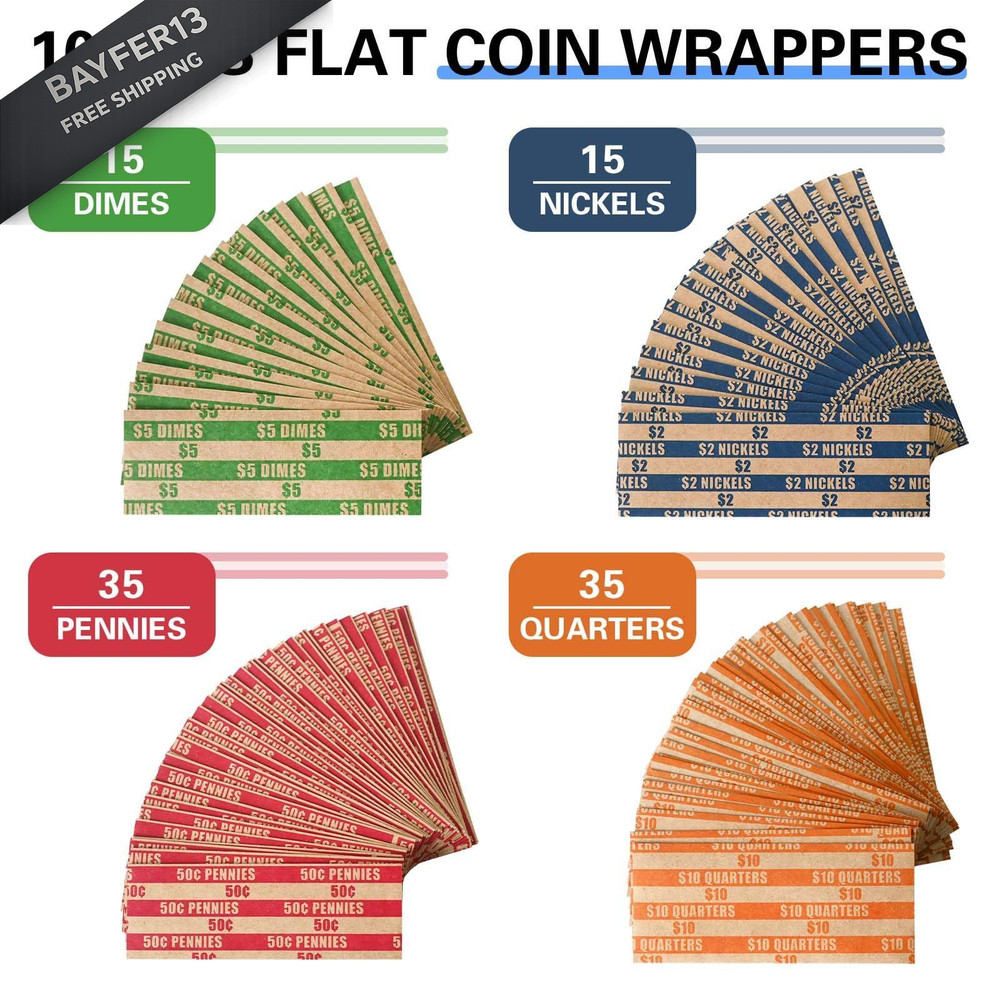 ESSENTIAL 100 pcs Assorted Packed Flat Stripped Coin Wrappers, 100-Assorted
