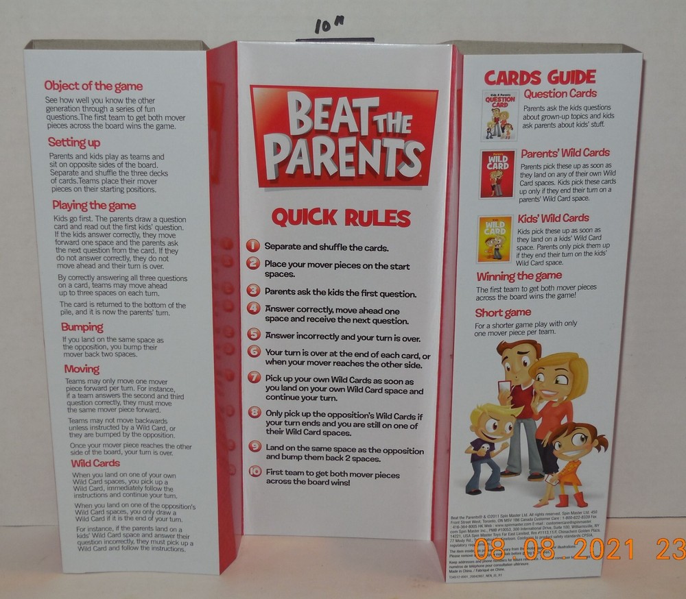 2011 Spin Master Beat the Parents Board Game Replacement Instructions