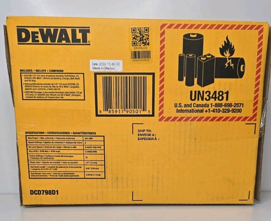 NEW DeWalt 20V MAX 1/2" BRUSHLESS Compact Hammer Drill/Driver Kit DCD798D1