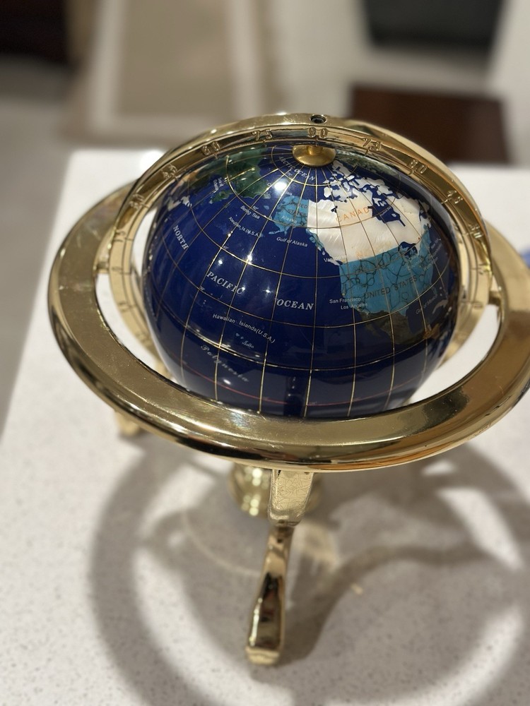 Blue Lapis Rotating Globe Precious Inlaid Stone Solid Brass w/ Compass