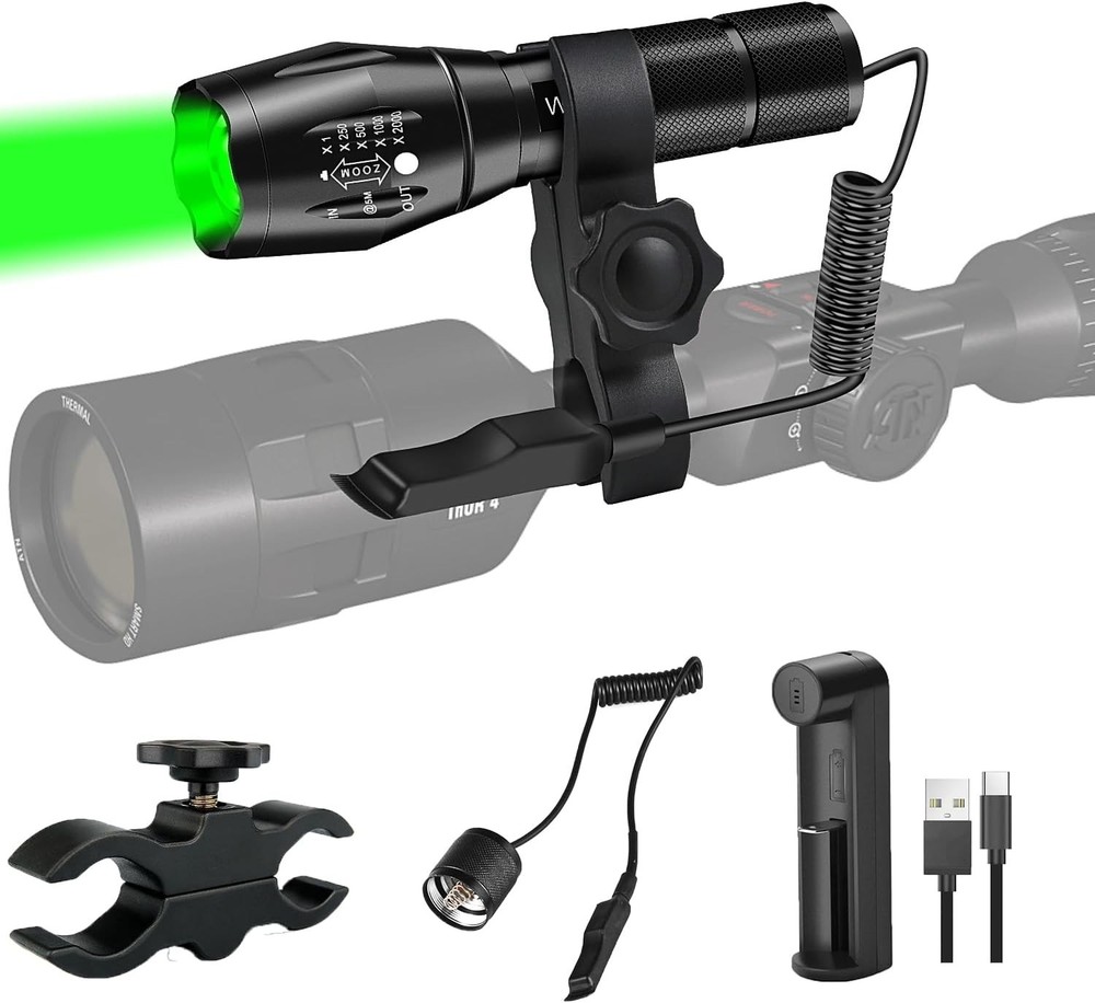 Green Light LED Flashlight Zoomable Waterproof Tactical Hunting Flashlight Set