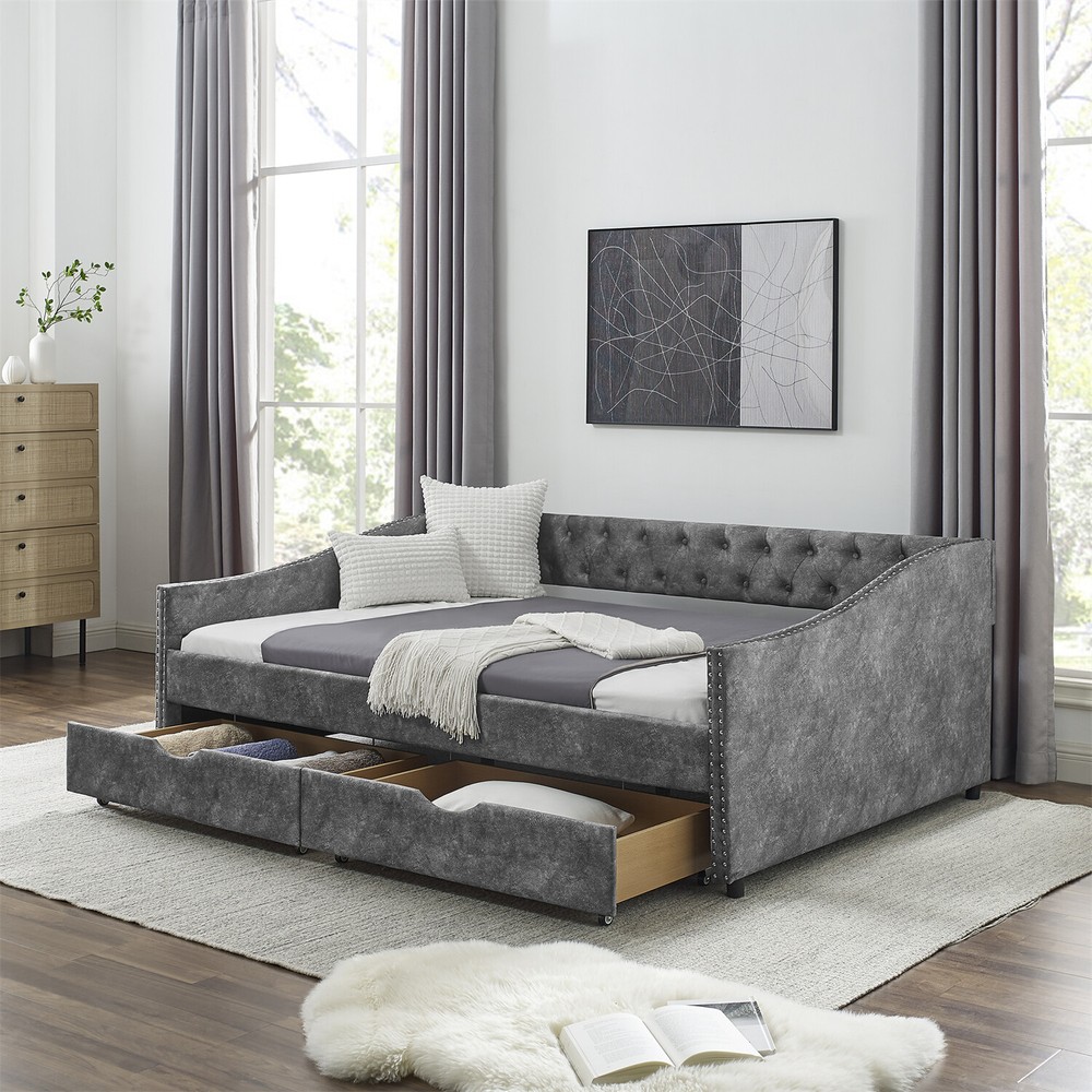 Full Size Daybed Upholstered Bed Frame Sofa Bed w/ 2 Storage Drawer US