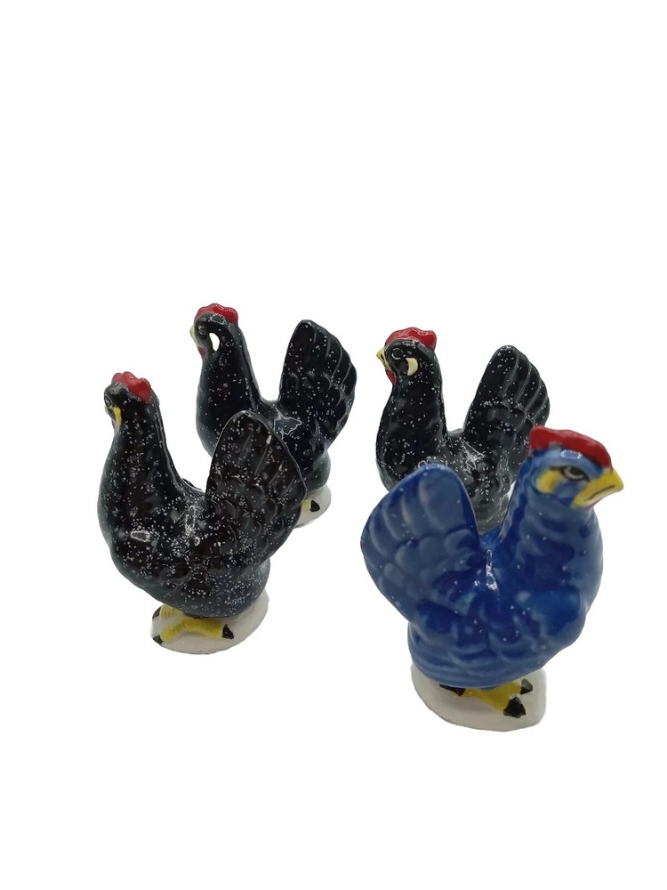 CHICKENS 3 BLACK 1 BLUE MINITURES CERAMIC 4 PC. SET