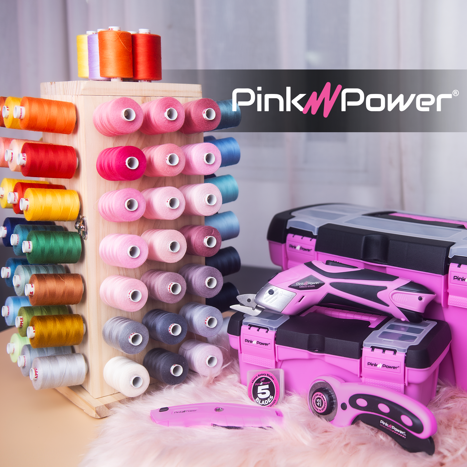 Pink Power 84 Spool Thread Holder – 360° Rotating Wooden Rack for Craft & Sewing