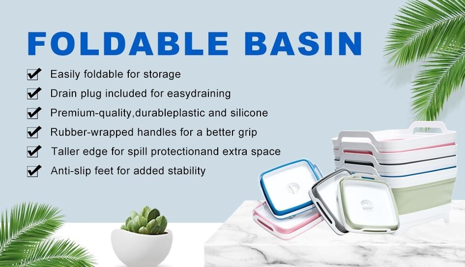 2 PACK! Gray Collapsible Sink with Drain, Wash Basin Camping Kitchen Laundry Tub