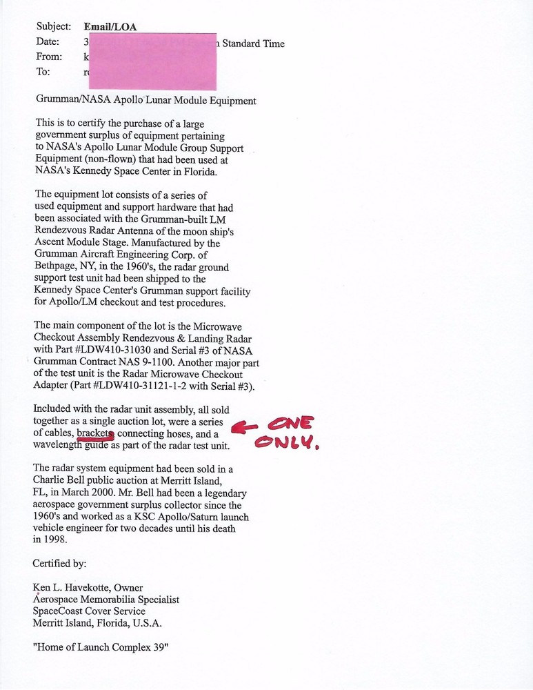 GRUMMAN LDW APOLLO ERA SINGLE MOUNT BRACKET GROUND RADAR UNIT SUPPORT & COA