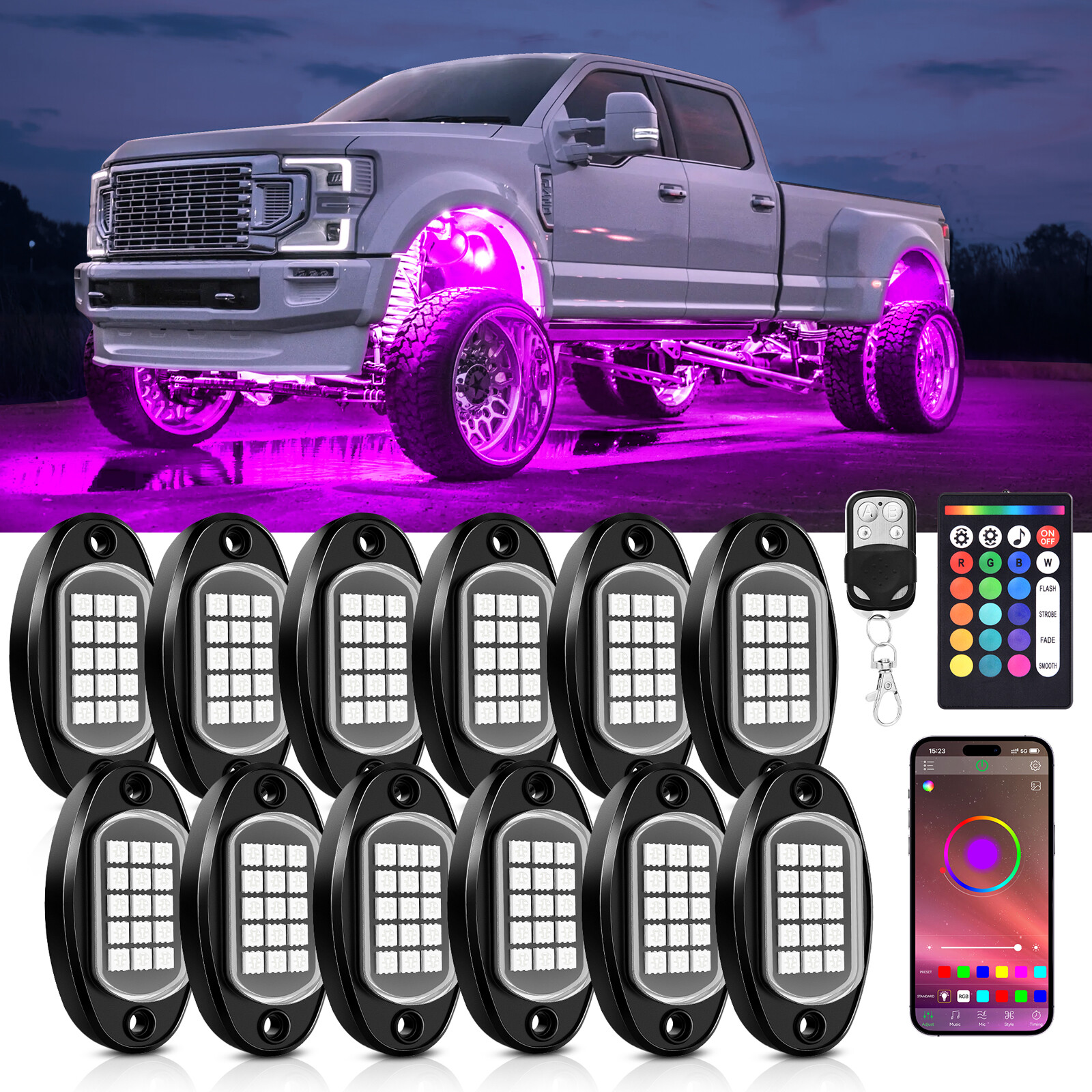 12 Pods RGB LED Rock Lights, 3 Control Way Bluetooth Remote & Fob Underbody Lamp