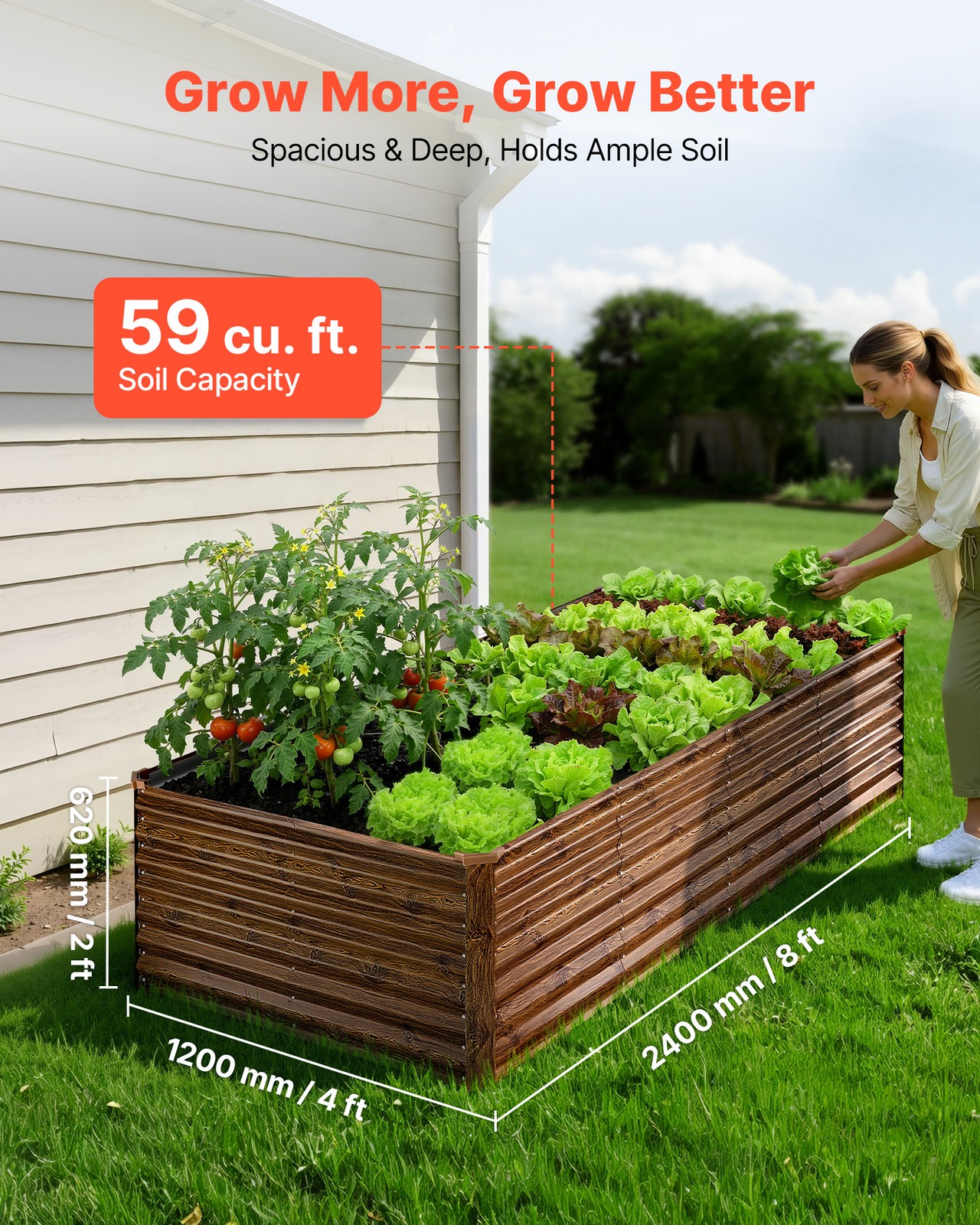 VEVOR Galvanized Raised Garden Bed 8 x 4 x 2ft Rectangular Planter Box Deep Wood