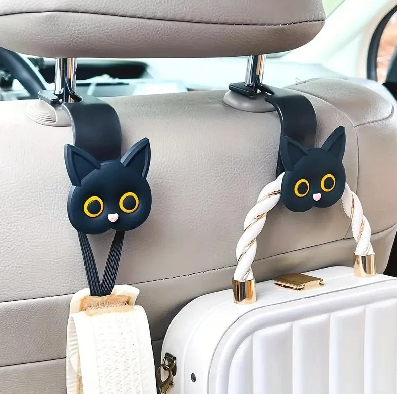 2pcs 3D Cartoon Cat Car Seat Headrest Hooks – Cute Vehicle Organizer for Bags