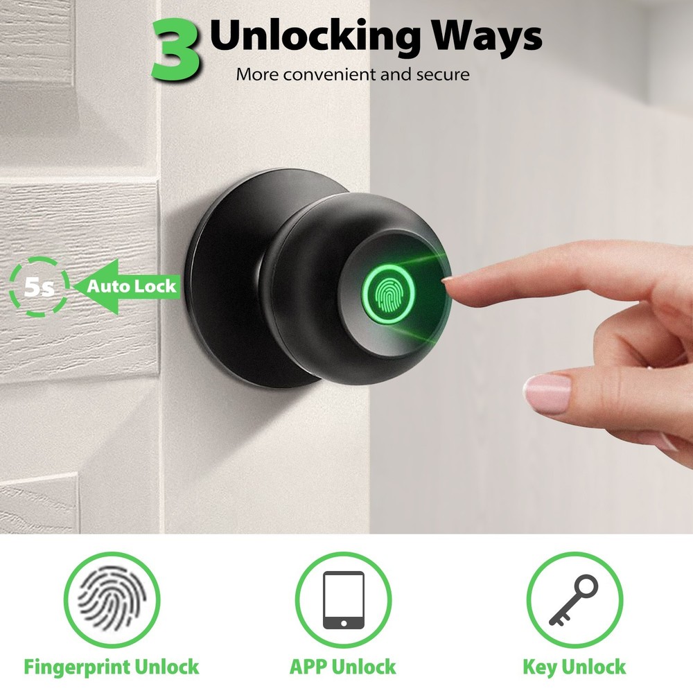 US Smart Door Knob Fingerprint Door Lock APP Control Biometric Key Keyless Entry