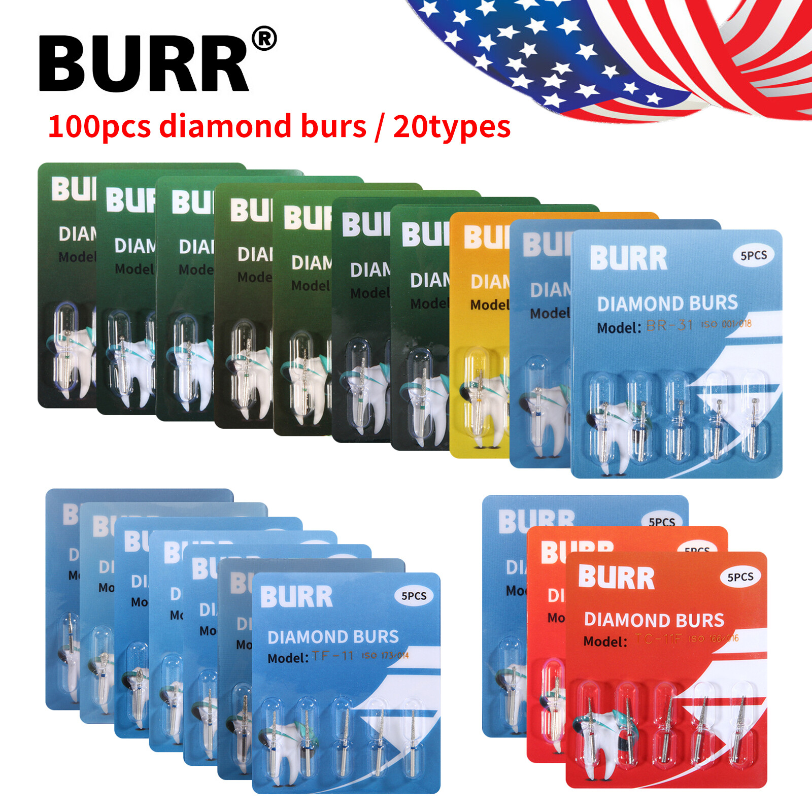 100 fresas diamante para turbina Diamond Burs dental High speed handpiece 1.6mm