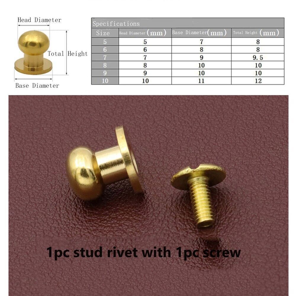 50pcs M3 Round Head Solid Brass Stud Screw Rivet Chicago Button Leather Craft