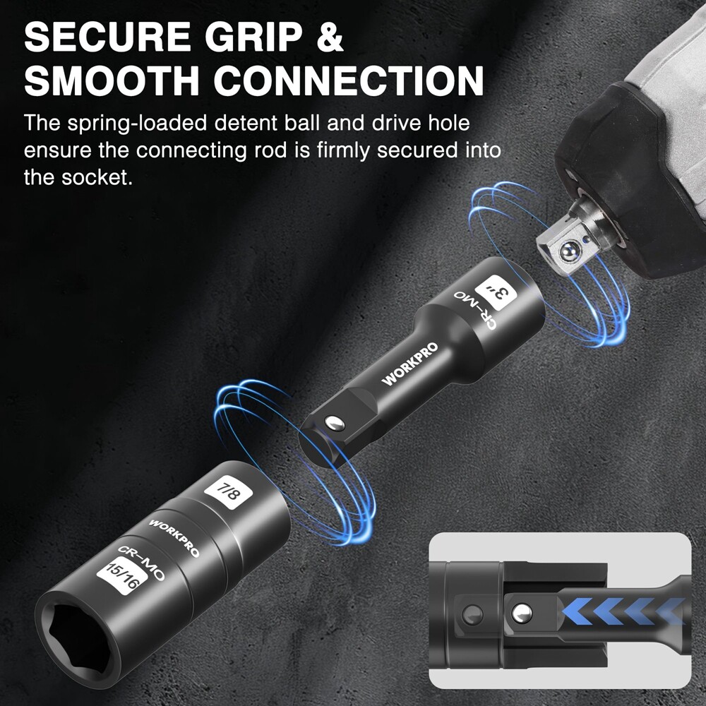 WORKPRO 5PC 1/2" Dr Impact Socket Set Lug Nut Wheel 3" Extension Bar Flip Socket