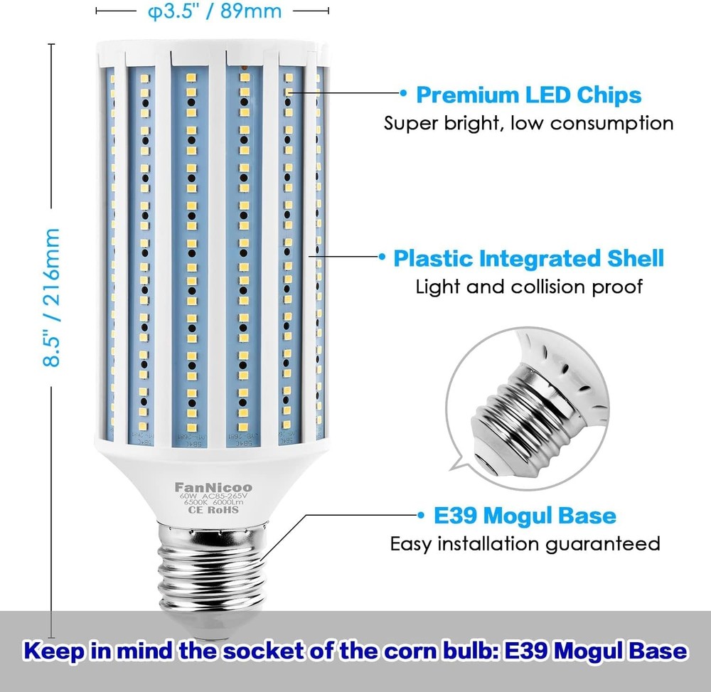 LED Corn Light Bulb 500W Equivalent 60W 6000Lumen 6500k E39 Mogul Base LED Corn