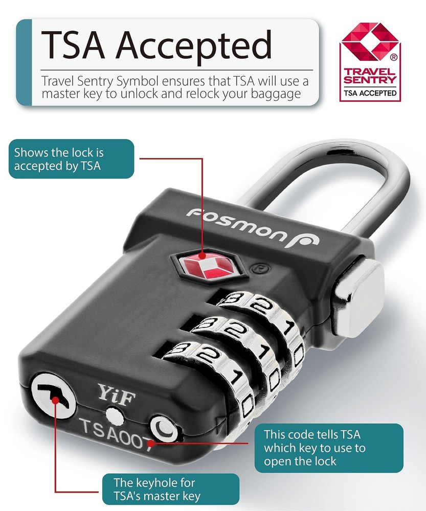 Fosmon TSA Accepted Luggage Locks, (4 Pack) Open Alert Indicator 3 Digit Comb...