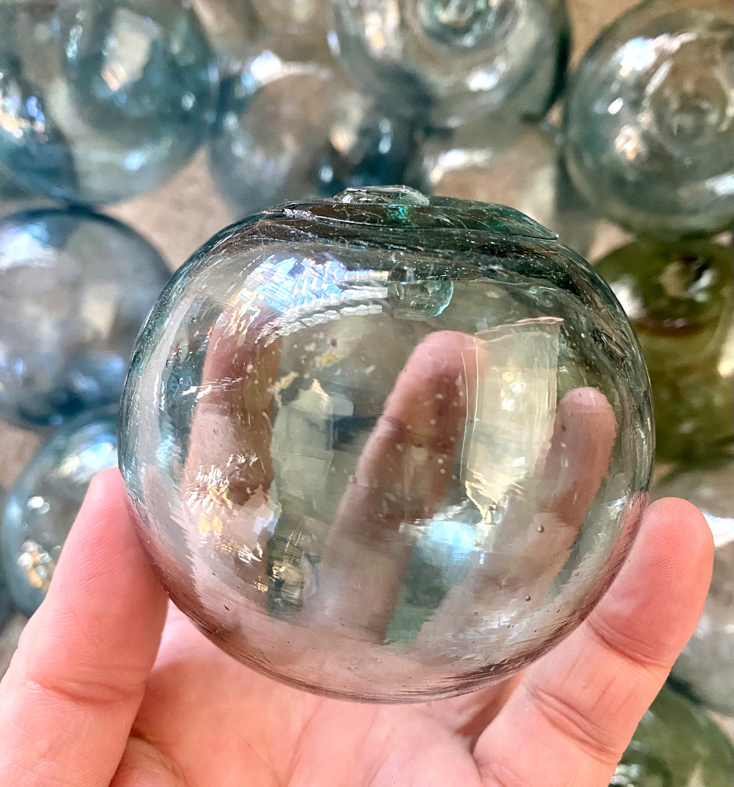 Vintage Japanese Glass Fishing Floats Set (Blue & Green) - 3"-3.5" 10 pcs