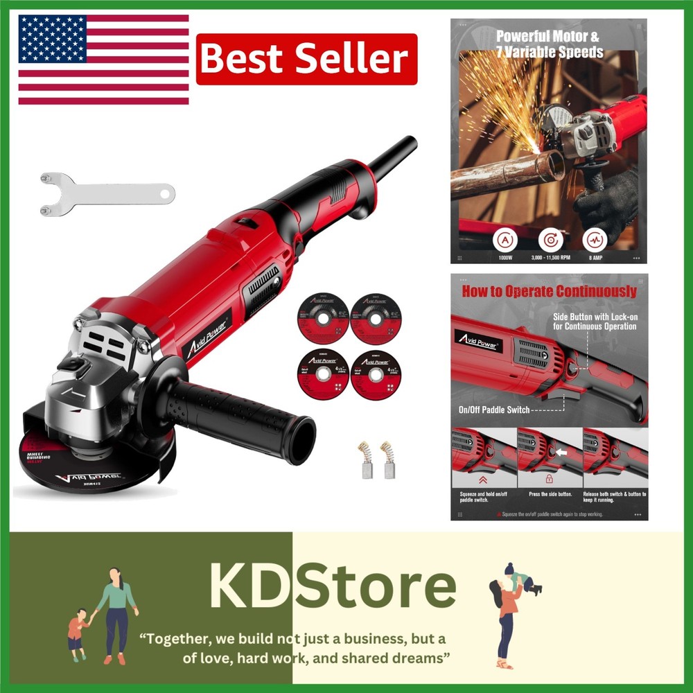 Electric 4-1/2" Angle Grinder 1000W with Adjustable Speed & Paddle Switch