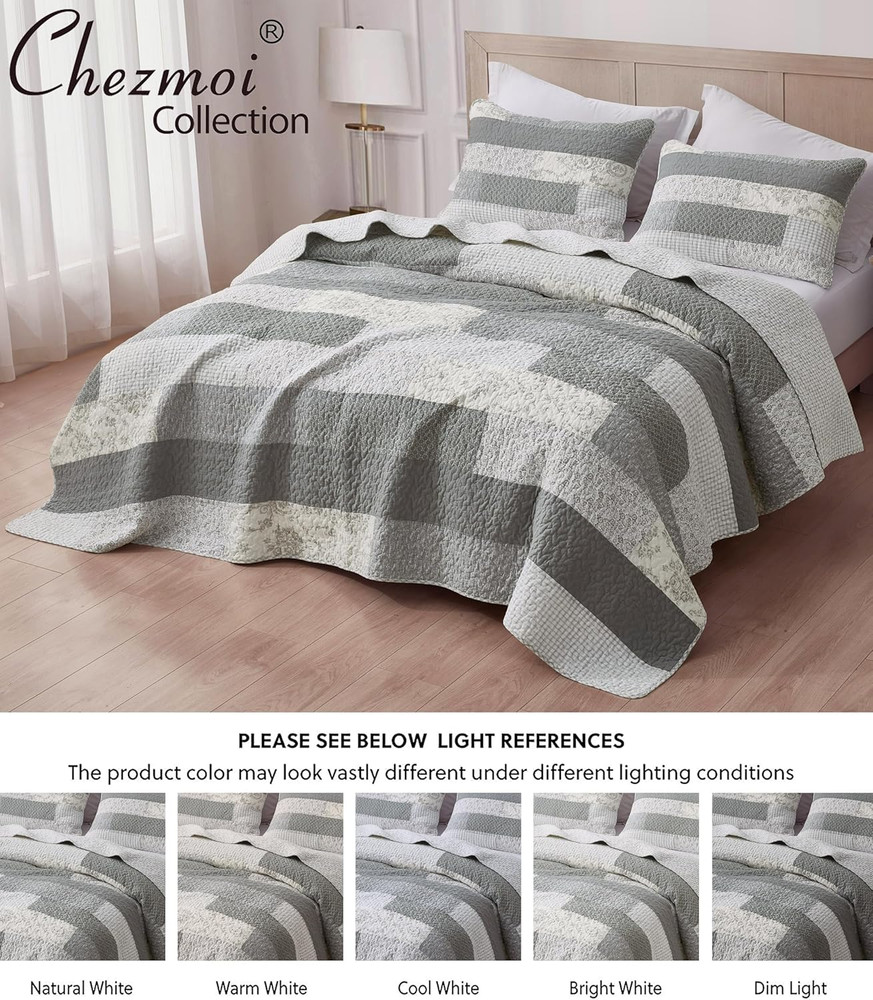 Caleb 3-Piece Muted Gray White Ivory Floral Plaid Rectangular Patchwork Quilt Se