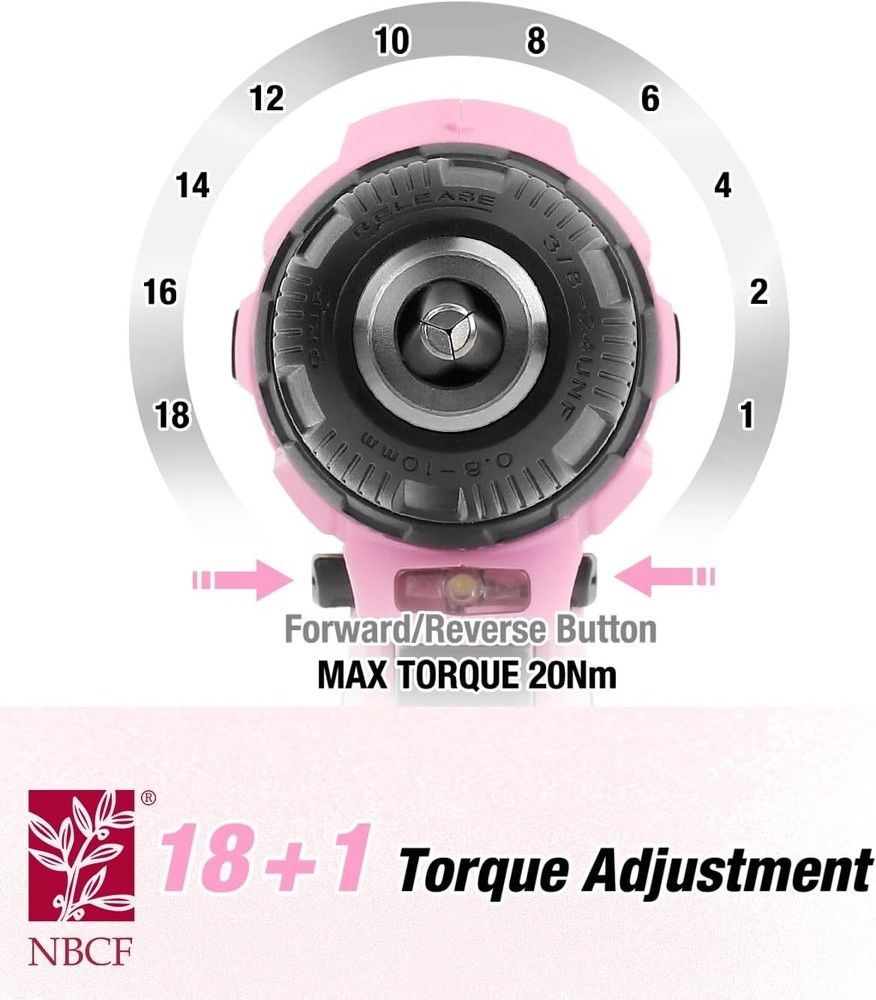 Ergonomic 12V Pink Cordless Drill Set with Variable Speed & LED Trigger Light