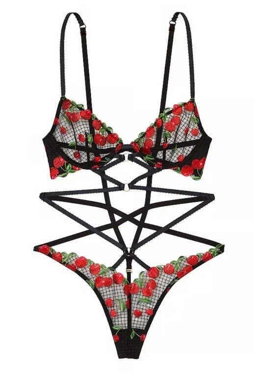 VICTORIA'S SECRET VERY SEXY Cherry Embroidery Unlined Low-Cut Teddy size M NWT