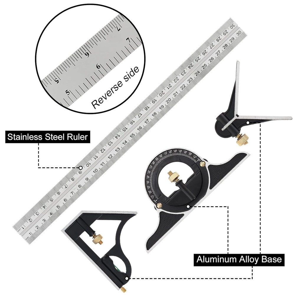 3-Piece Adjustable T-Square Kit, 300MM Protractor Level Sliding Square Ruler