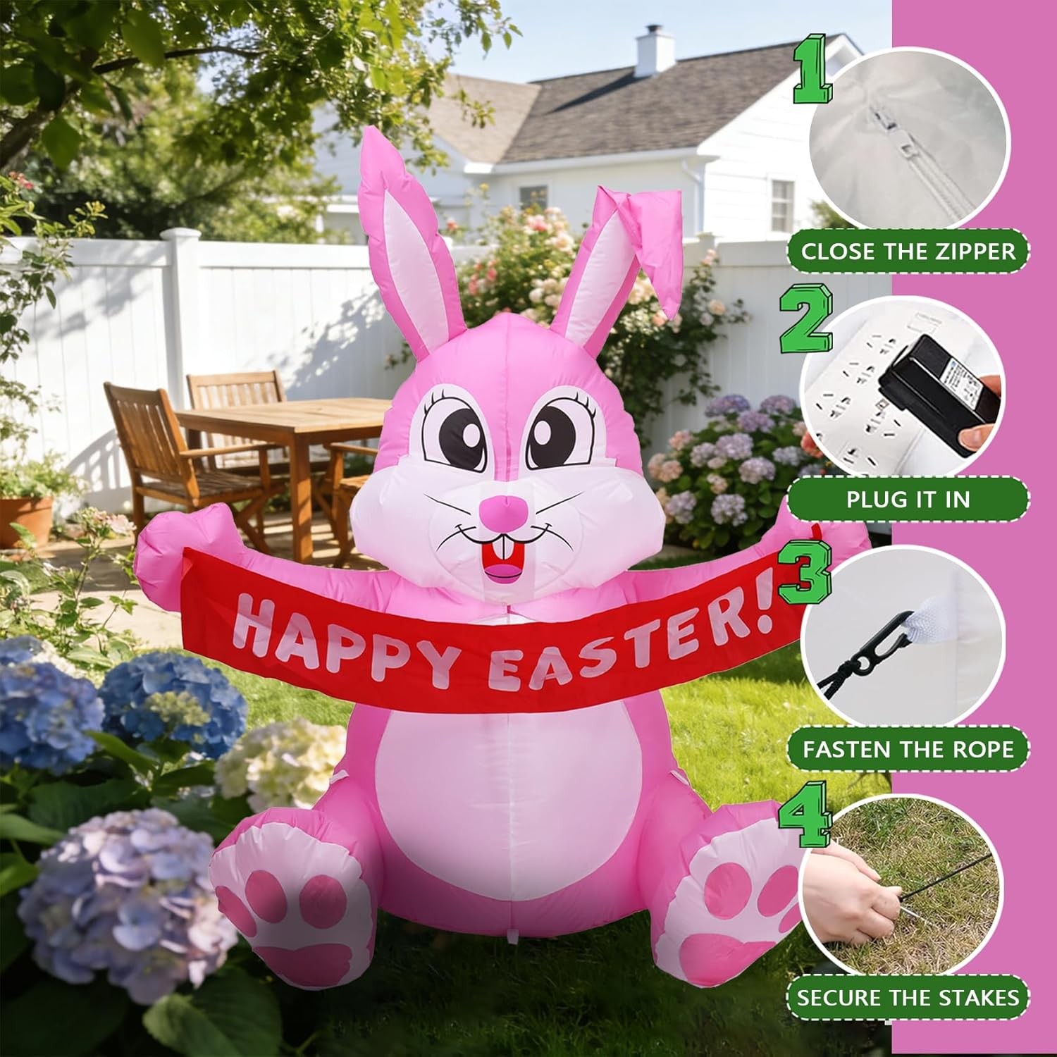 5 FT Easter Pink Bunny Inflatable Lighted Yard Decorations LED Blow up Rabbit