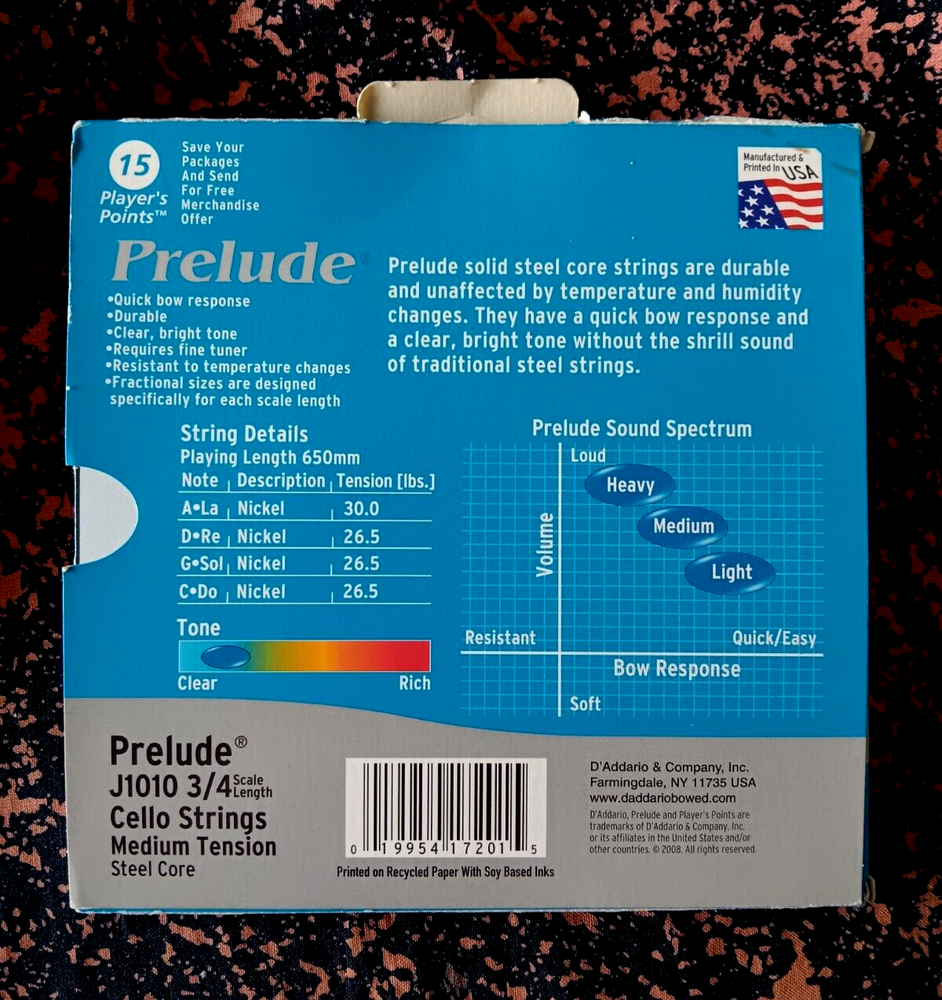 D’Addario Prelude J1010 Cello String Set, 3/4 Scale Medium Tension