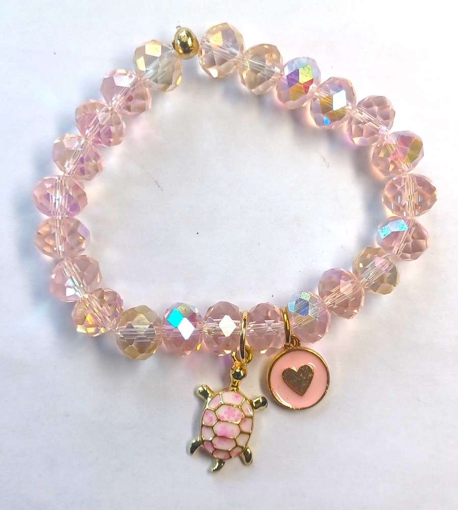 Pink Transparent Beaded Bracelet and Turtle Charm