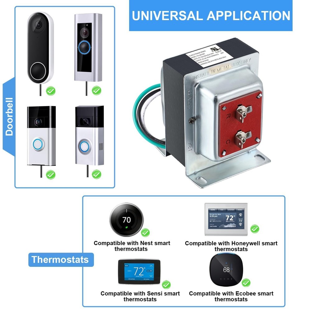 Safe 24 Volt Doorbell Transformer for Ring - Easy Surface Mount Installation Kit