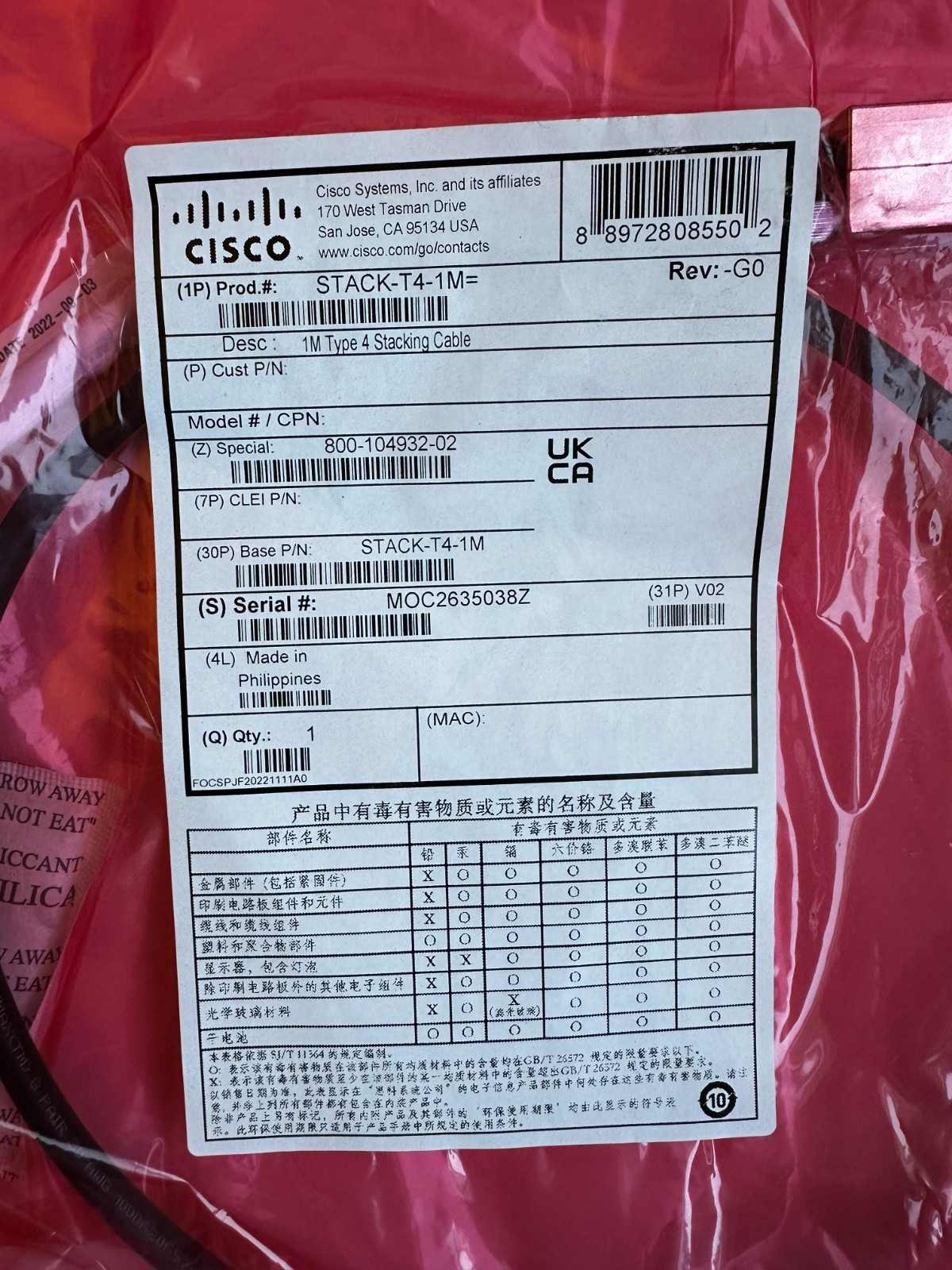CISCO STACK T4-1M Type 4 Stacking Cable - Brand New