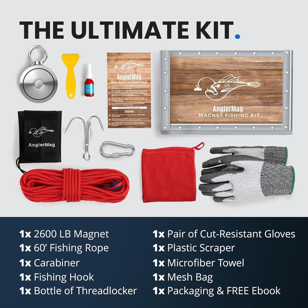 Complete Magnet Fishing Set with 2600 lb Pull Force, Gloves and Grappling Hook