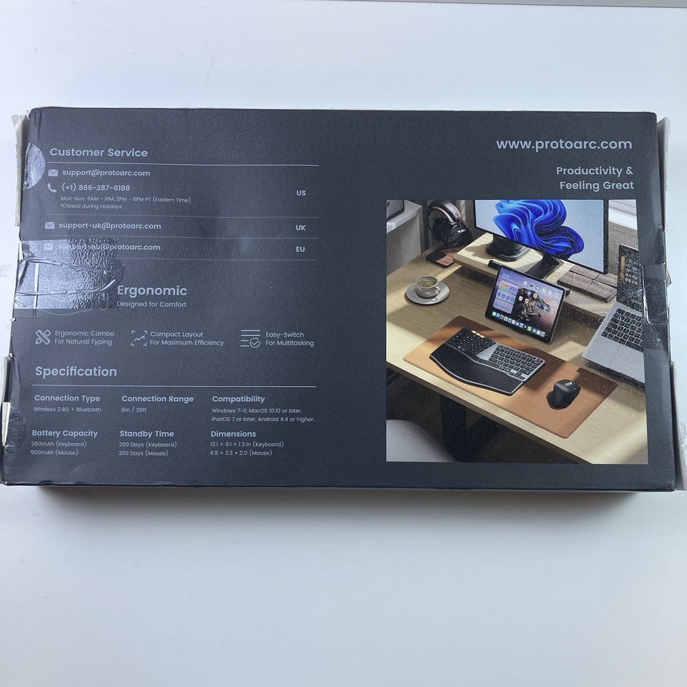 ProtoArc Bluetooth Ergonomic Keyboard Mouse Combo EKM04 Mini Compact Wireless