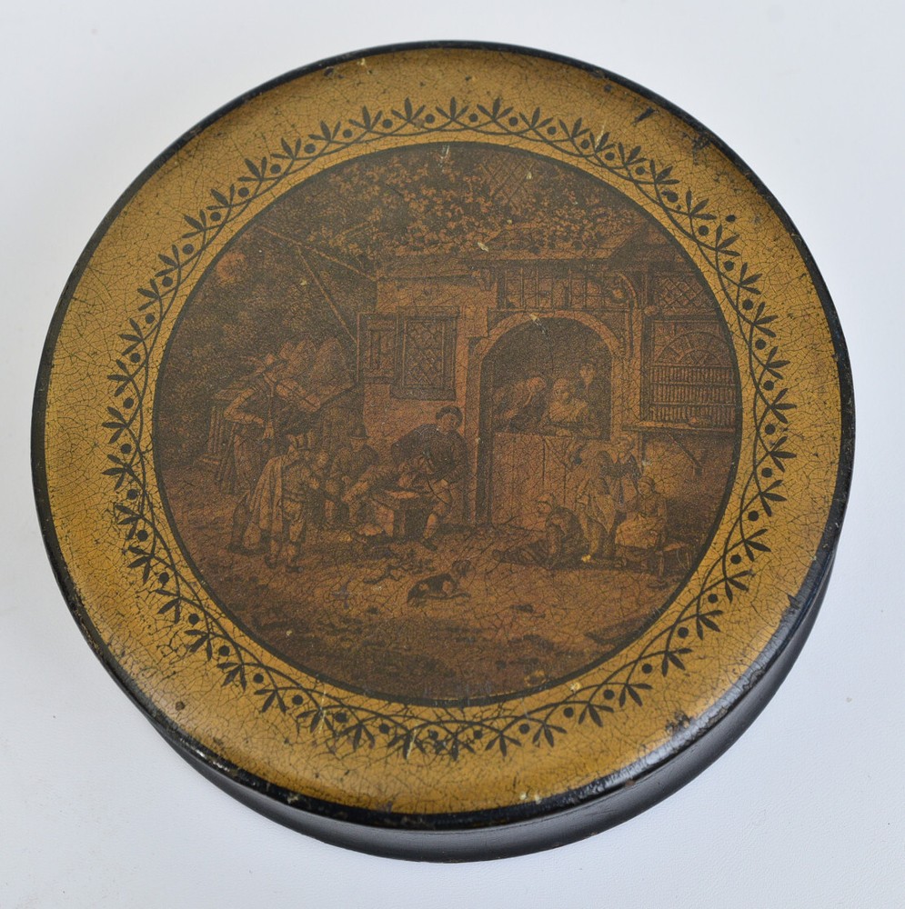 LARGE Antique Round Lacquerware Snuff Box - 1830s
