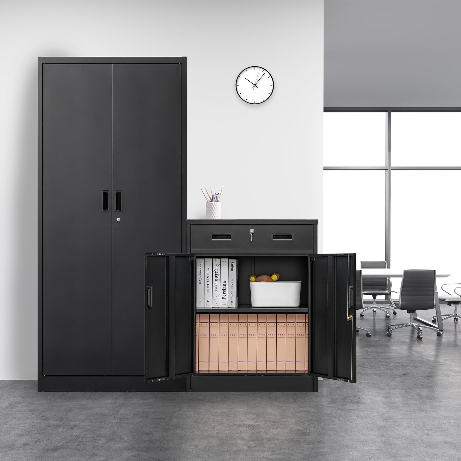 Metal Storage Cabinet, Locking Cabinet with One Drawer and Adjustable Shelf